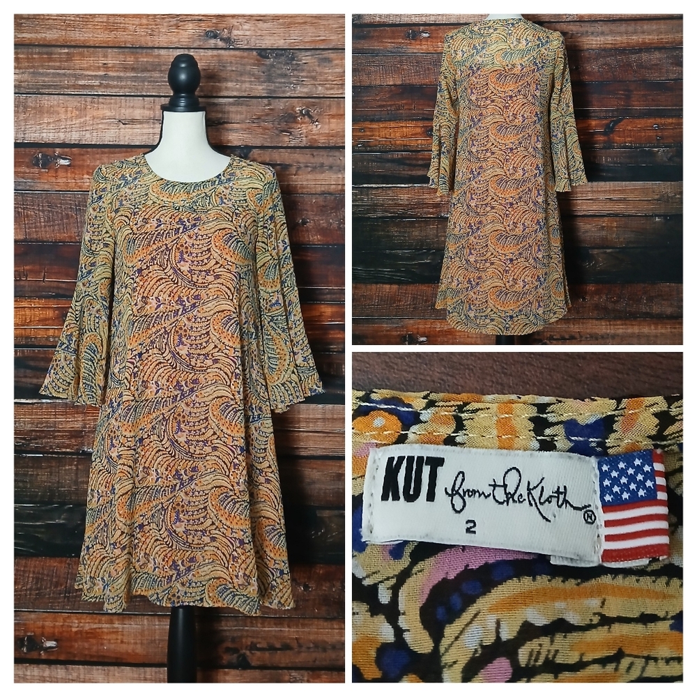 Kut From The Kloth Dress 2 Shift Gold Paisley Bell Sleeve Made In USA